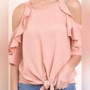 🌴LINEN BLEND RUFFLE OPEN SHOULDER TOP IN BLUSH